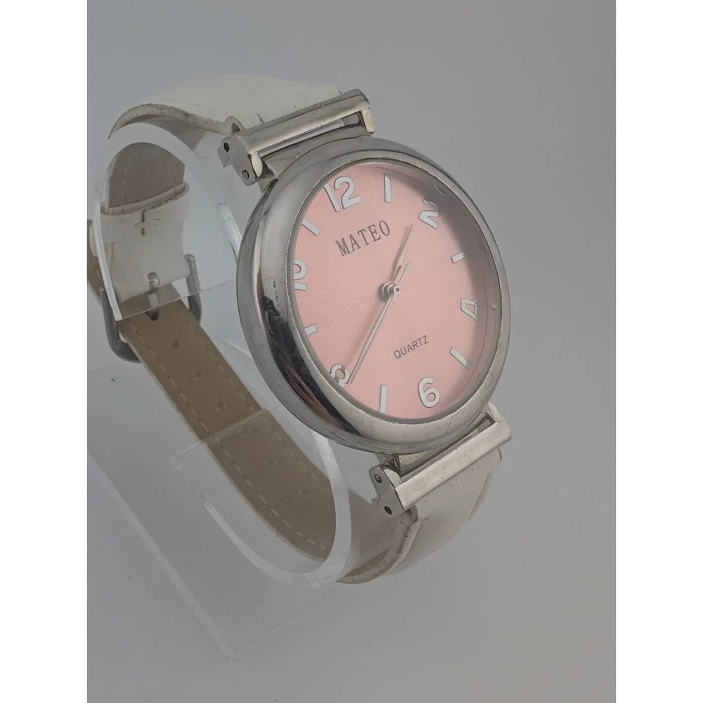 Mateo Watch Women 38mm Case Pink Dial White Leather Band- New‎ Battery